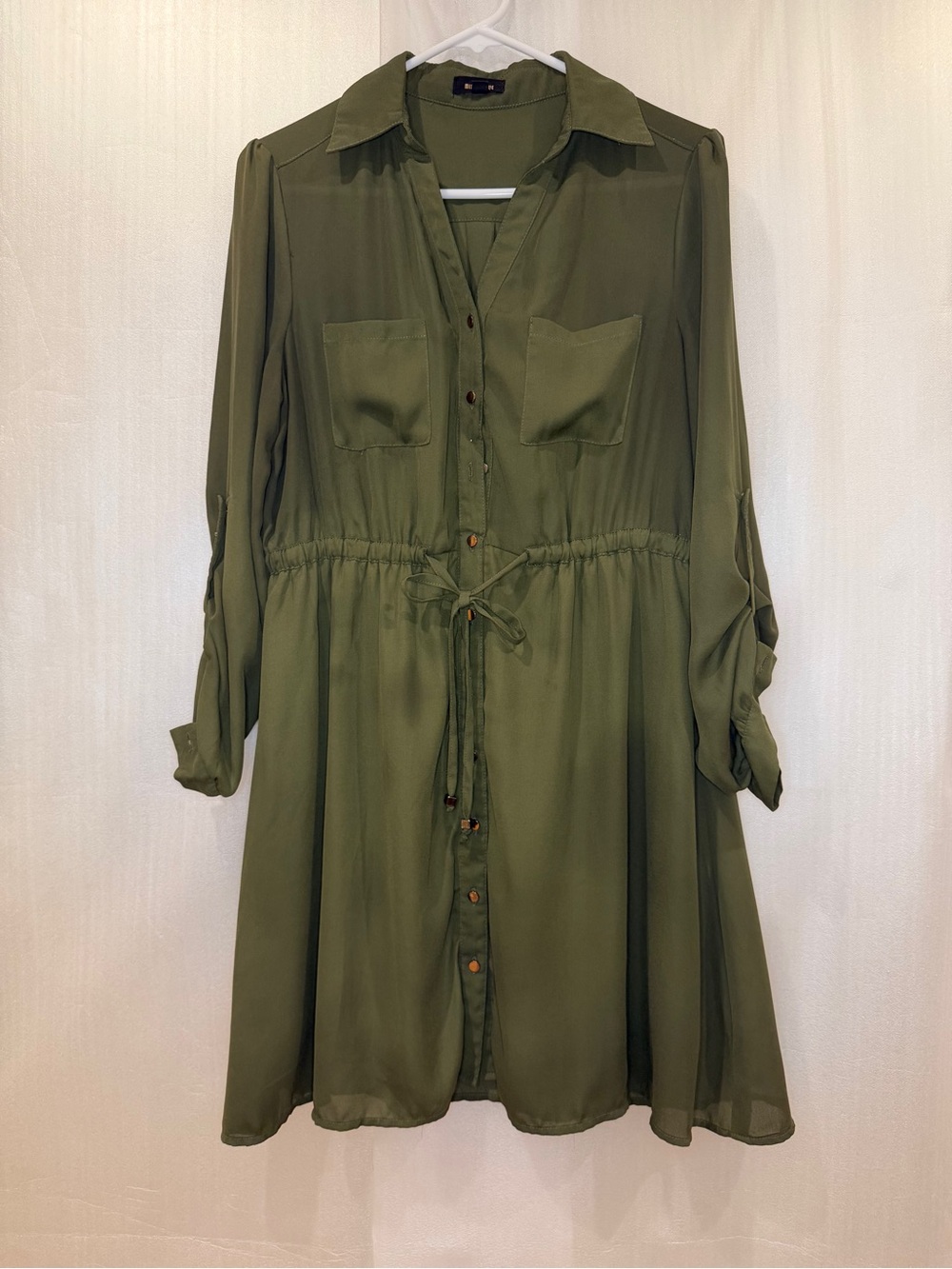 Miss Avenue Olive Green Utility Button-Front Drawstring Shirt Dress